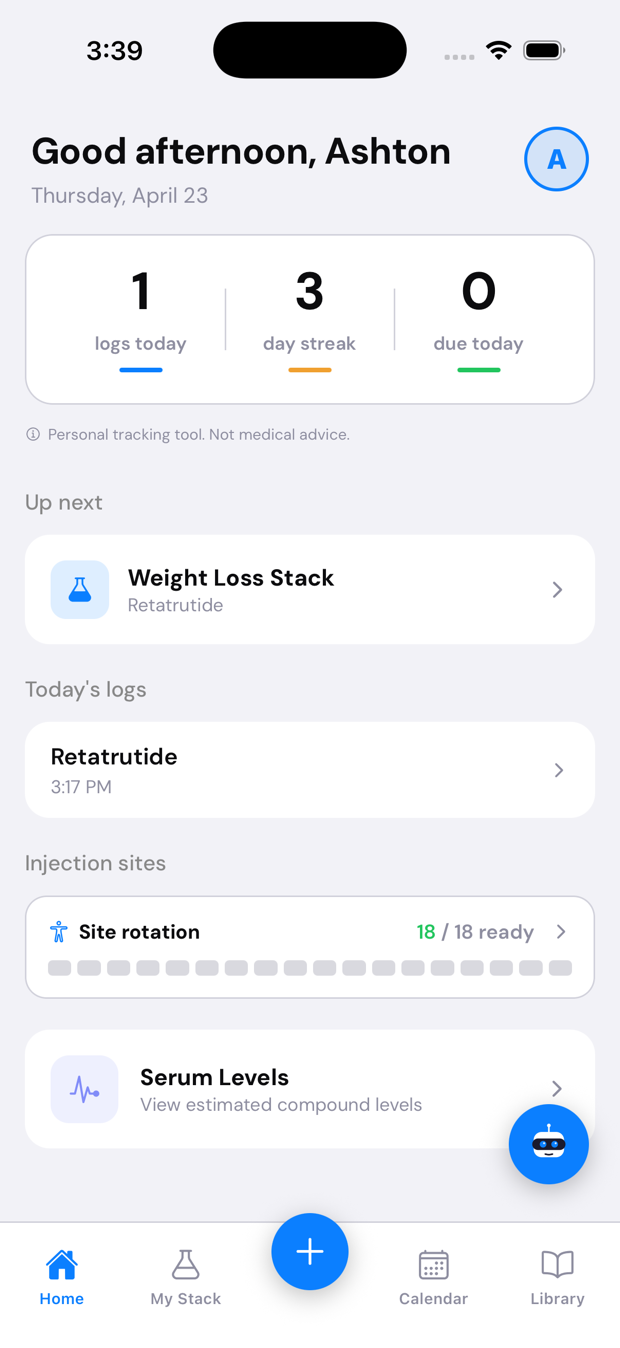 PeptidePal Today screen — daily logs, streak, and what's due