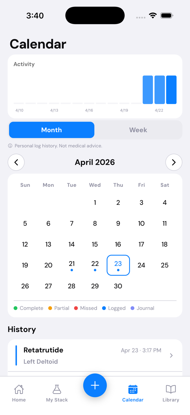 PeptidePal Calendar history